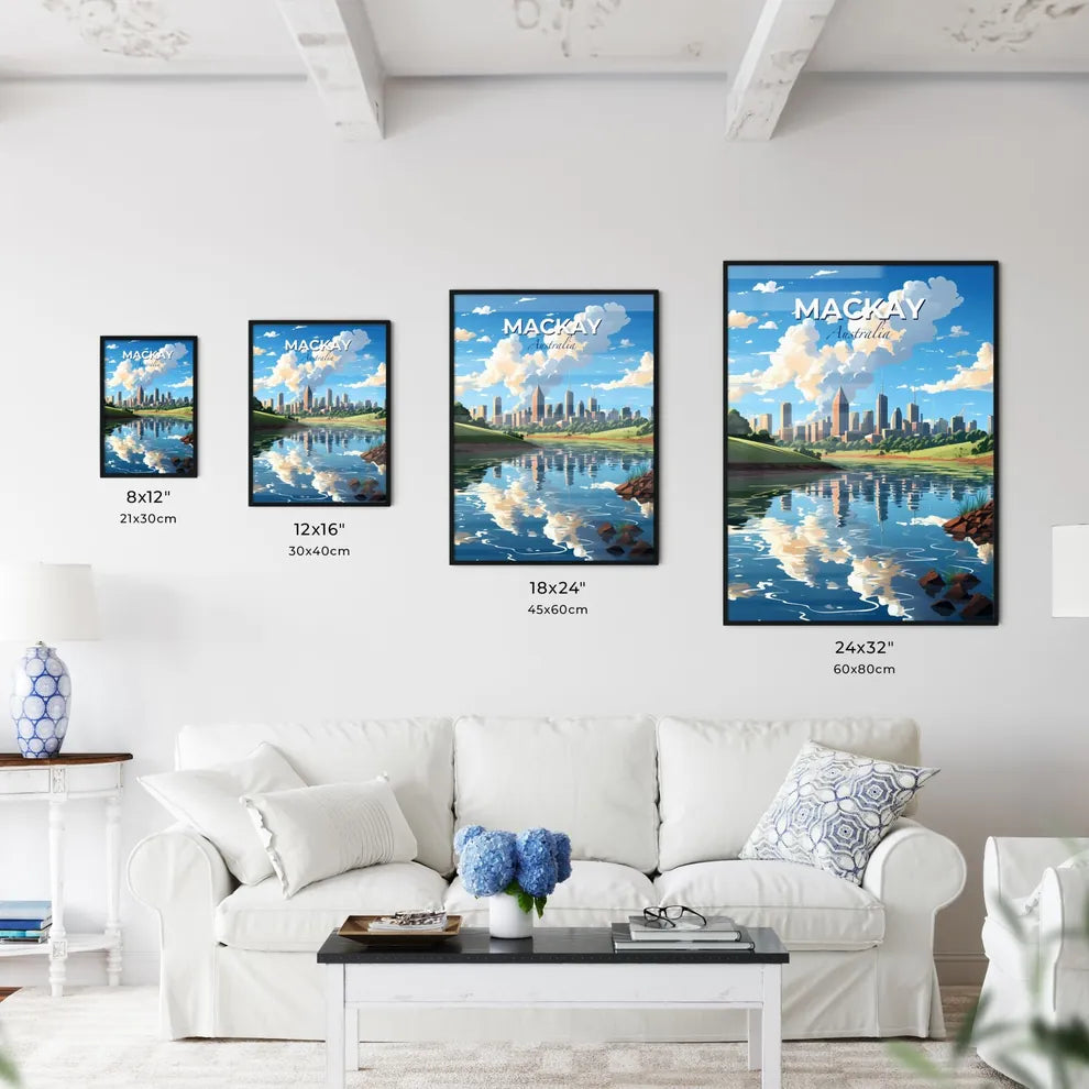 Vibrant Artistic City Skyline Painting of Mackay Australia Centered On River Default Title