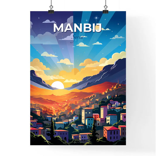 Vibrant Cityscape Painting Depicting Manbij Syria Skyline with Mountainous Landscape Default Title