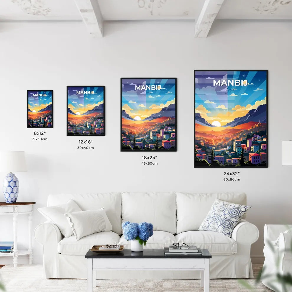 Vibrant Cityscape Painting Depicting Manbij Syria Skyline with Mountainous Landscape Default Title