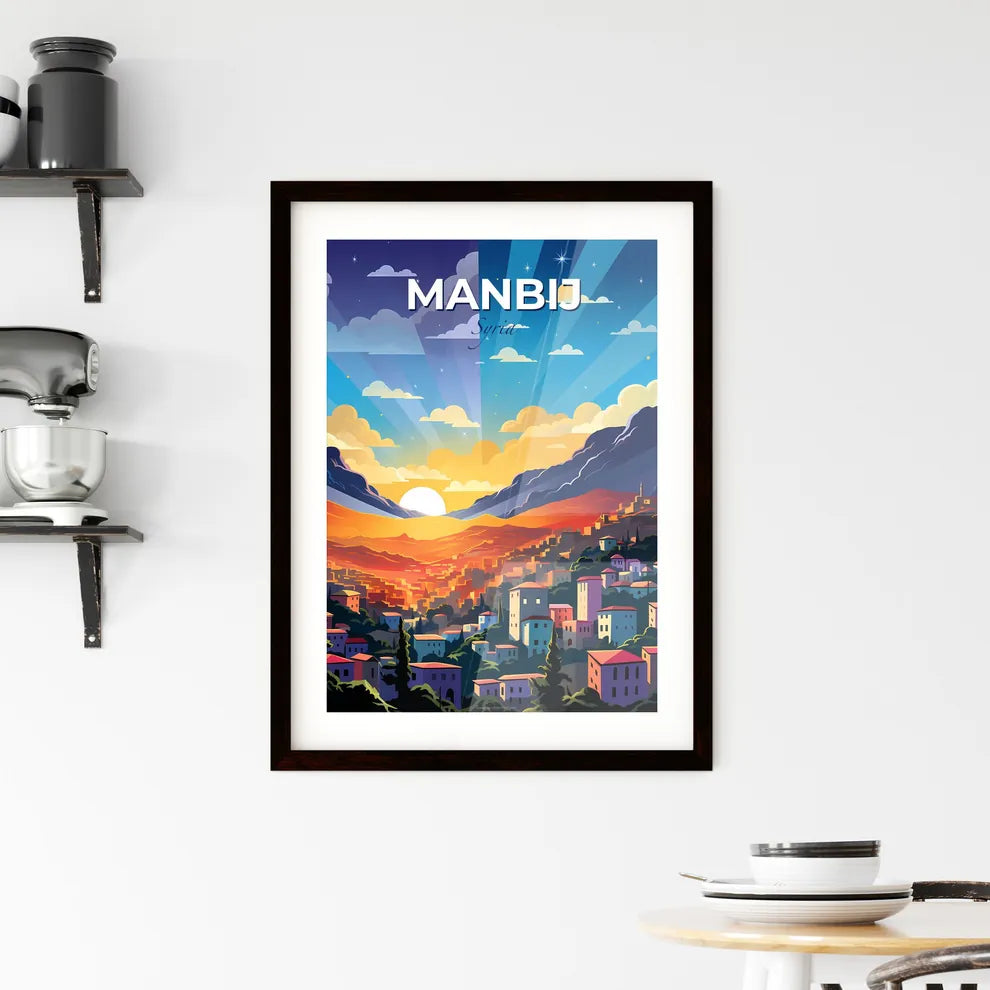 Vibrant Cityscape Painting Depicting Manbij Syria Skyline with Mountainous Landscape Default Title
