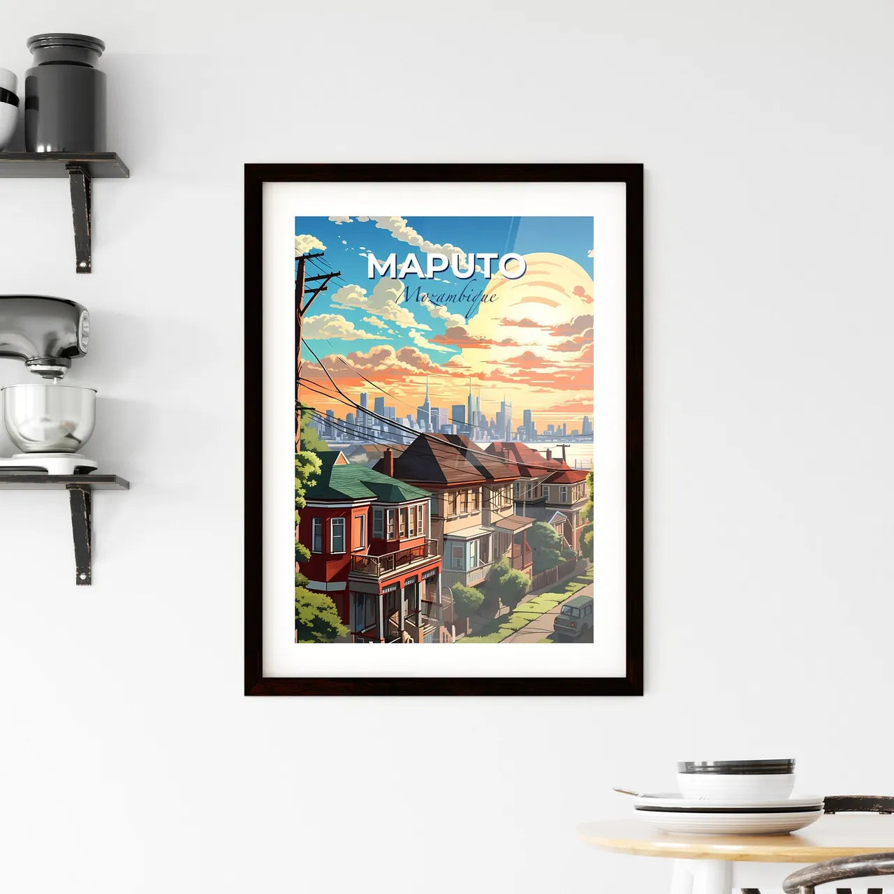 Vibrant Painting of Maputo Mozambique Skyline with Houses, Trees, and City Background Default Title