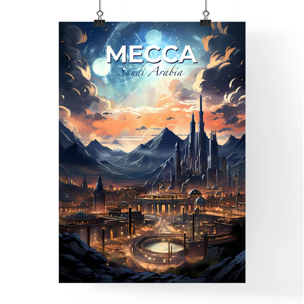 Mecca Skyline Canvas Painting Arabian City Vibrant Traditional Arabic Art Blue and Yellow Default Title