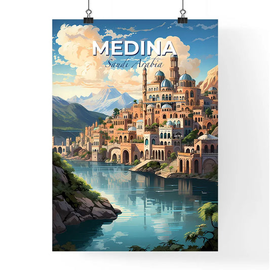 Vibrant Arabic Cityscape Painting: Majestic Castle on Hilltop Riverside Default Title