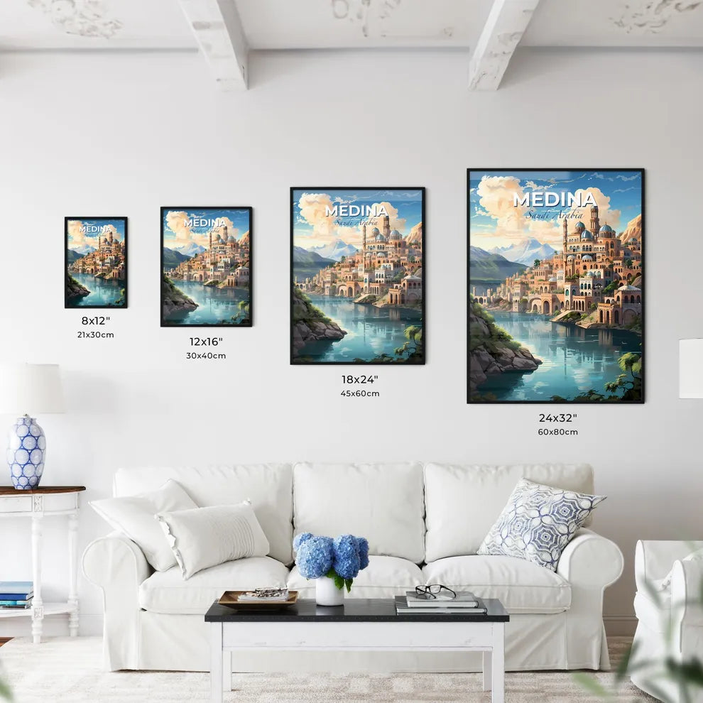 Vibrant Arabic Cityscape Painting: Majestic Castle on Hilltop Riverside Default Title