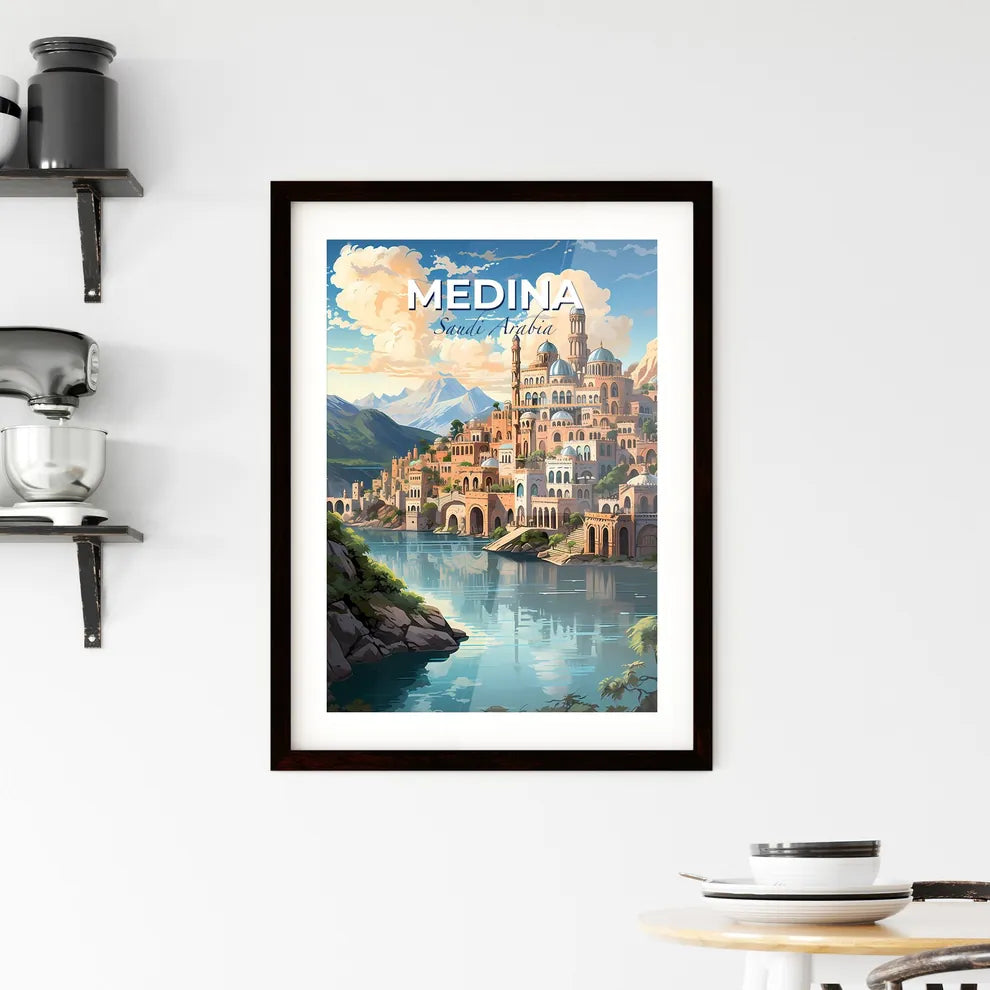 Vibrant Arabic Cityscape Painting: Majestic Castle on Hilltop Riverside Default Title