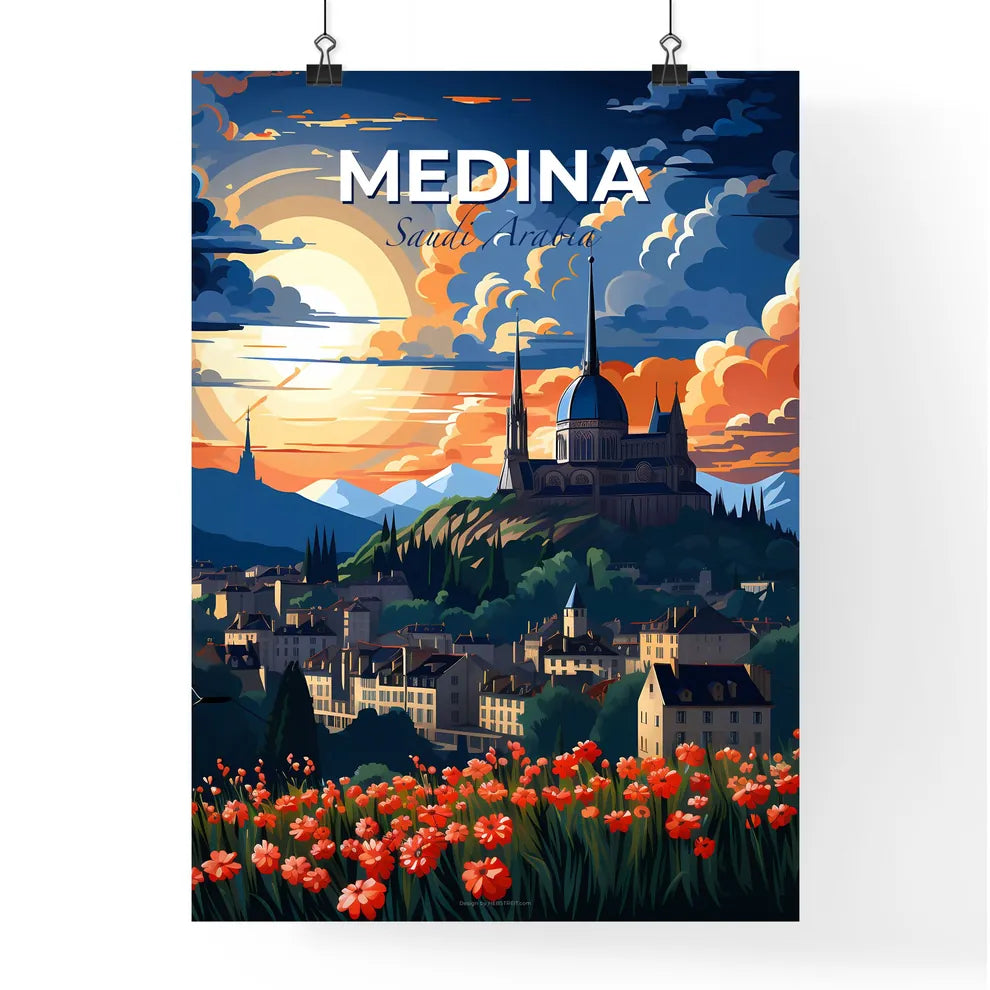 Vibrant Painting of Medina Saudi Arabia Skyline Castle Hilltop Flowers Mountains Art Default Title