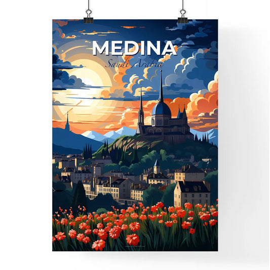 Vibrant Painting of Medina Saudi Arabia Skyline Castle Hilltop Flowers Mountains Art Default Title