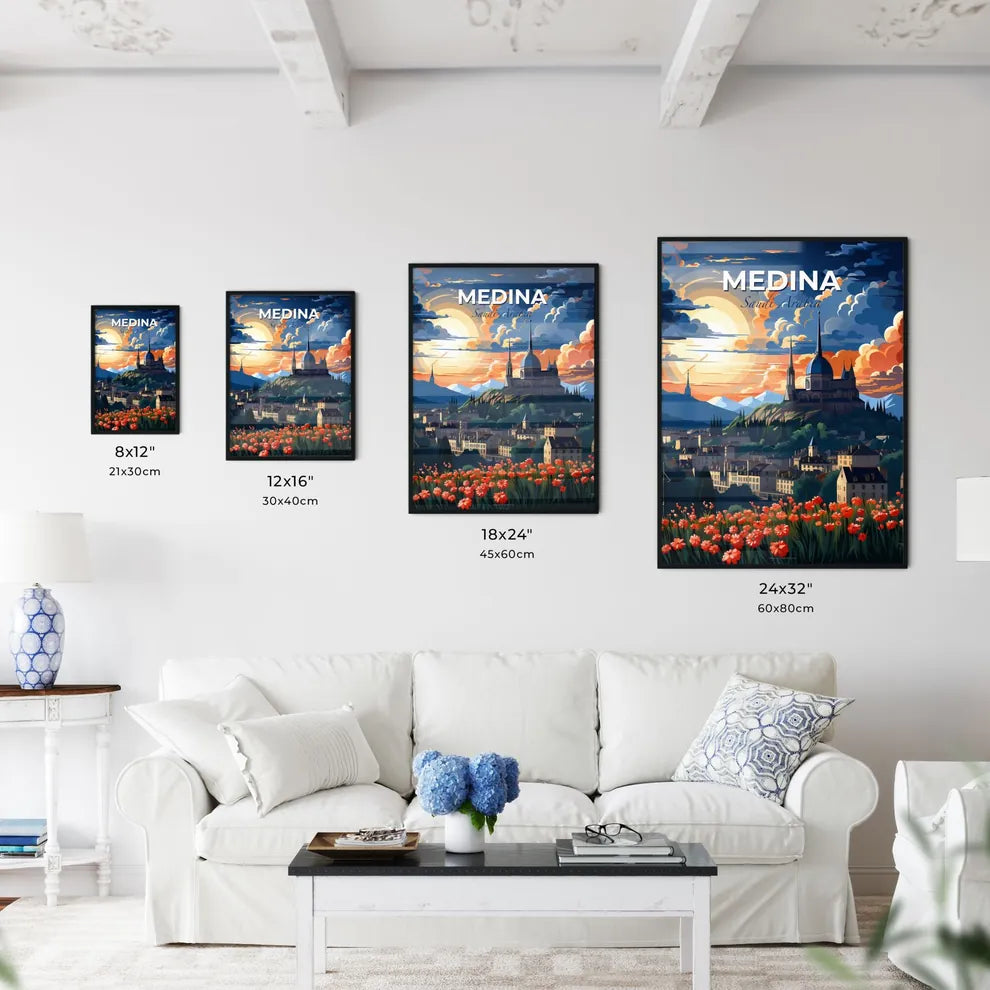 Vibrant Painting of Medina Saudi Arabia Skyline Castle Hilltop Flowers Mountains Art Default Title