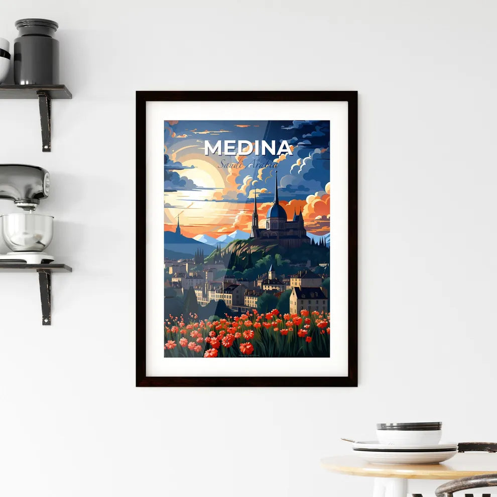 Vibrant Painting of Medina Saudi Arabia Skyline Castle Hilltop Flowers Mountains Art Default Title