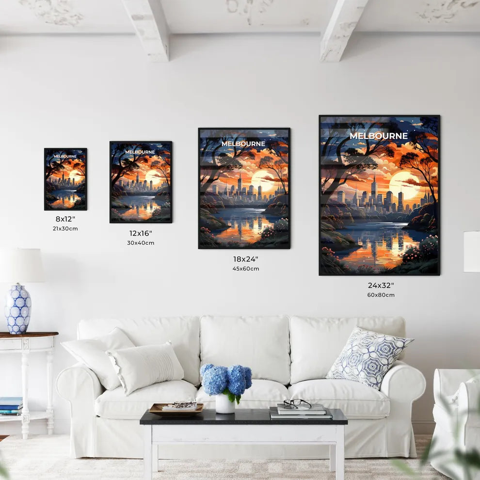 Vibrant Sunset Painting over River with City Skyline and Trees for Wall Art Decoration Default Title