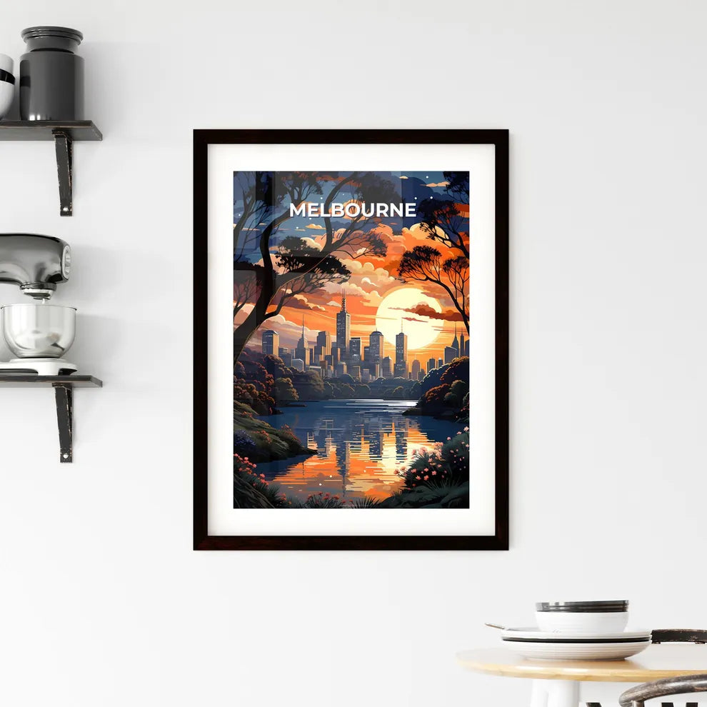 Vibrant Sunset Painting over River with City Skyline and Trees for Wall Art Decoration Default Title