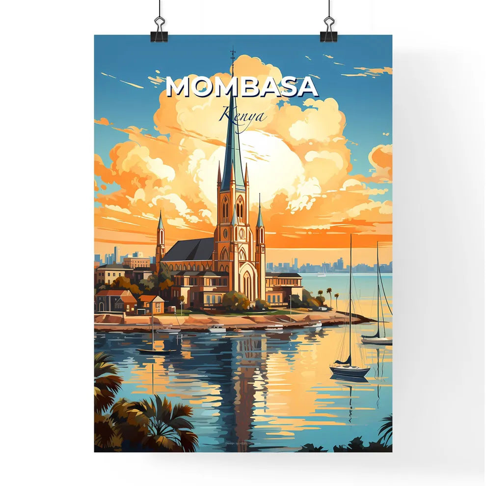 Colorful Painting of Mombasa Kenya Skyline With Sailboats Including a Church on an Island Default Title