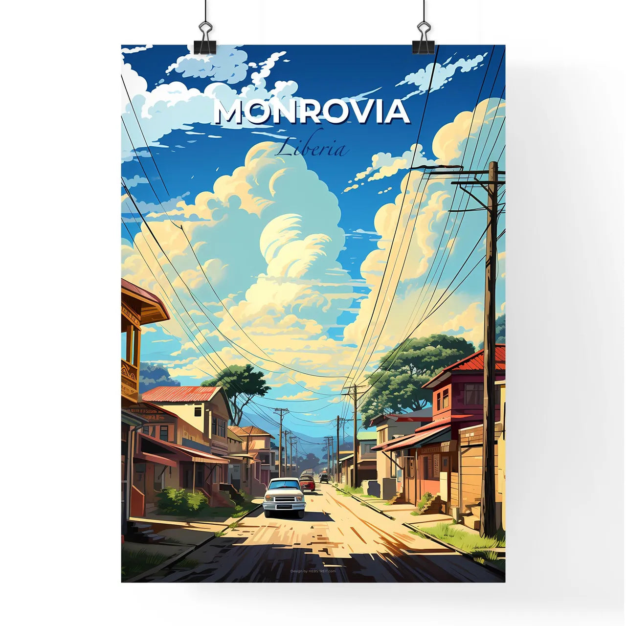 Vibrant Monrovia Liberia Cityscape Art with Colorful Street Scene Depicting Houses and Vehicles Default Title
