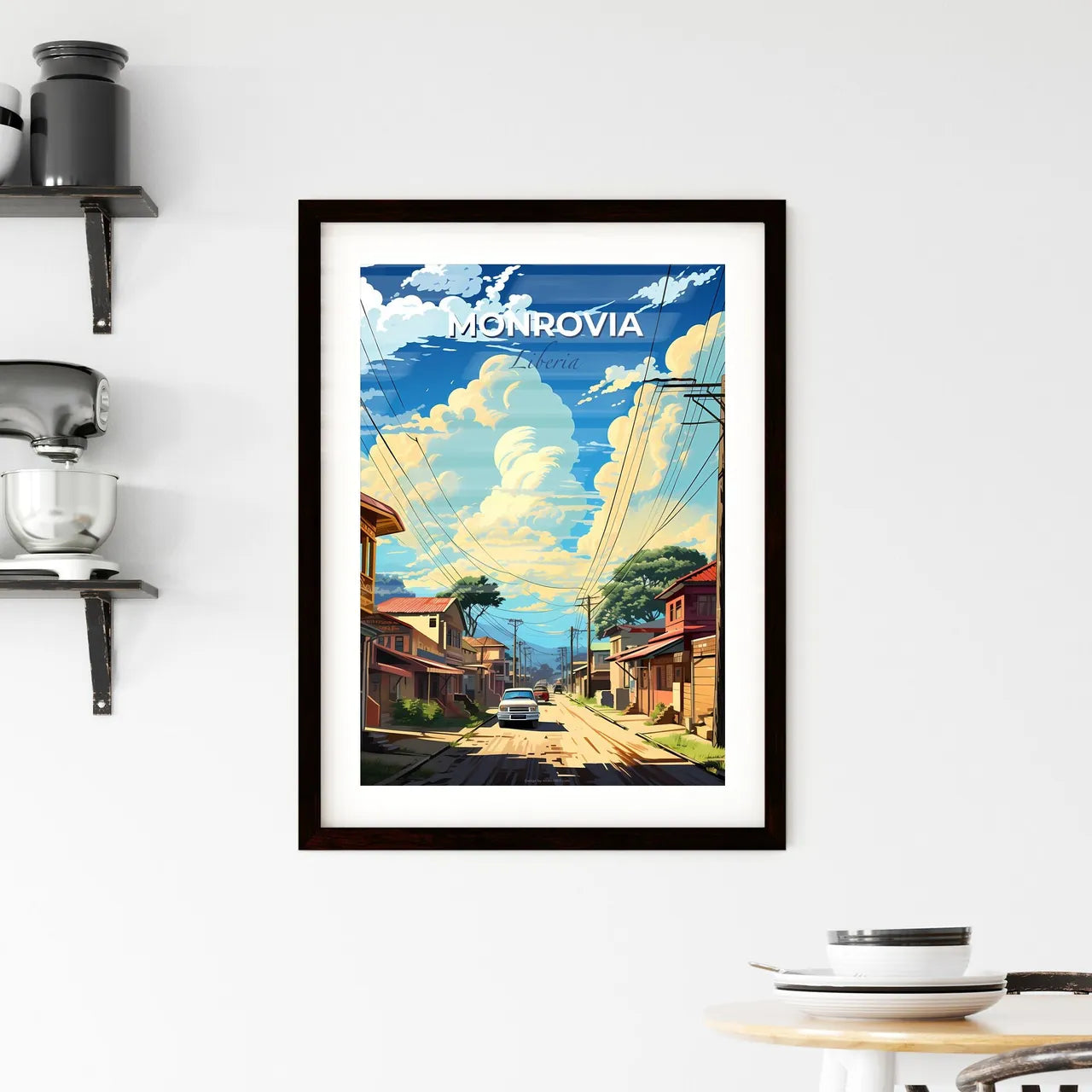 Vibrant Monrovia Liberia Cityscape Art with Colorful Street Scene Depicting Houses and Vehicles Default Title