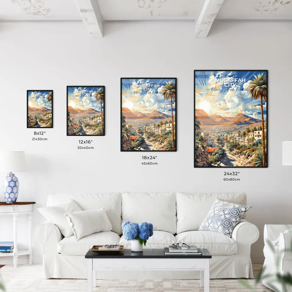Musaffah City United Arab Emirates Colorful Cityscape Painting with Palm Trees and Mountains Default Title