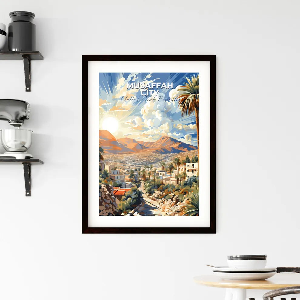 Musaffah City United Arab Emirates Colorful Cityscape Painting with Palm Trees and Mountains Default Title