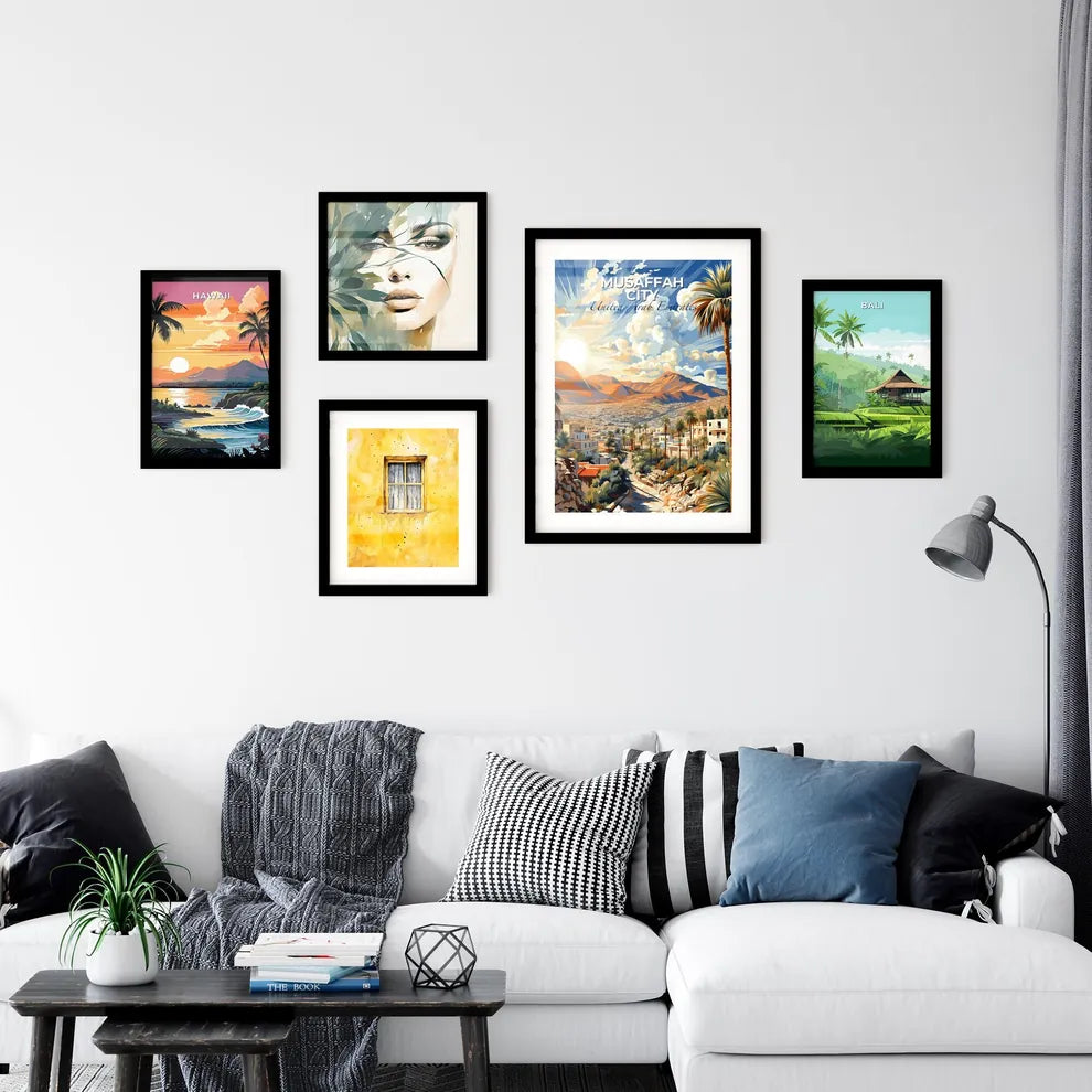 Musaffah City United Arab Emirates Colorful Cityscape Painting with Palm Trees and Mountains Default Title