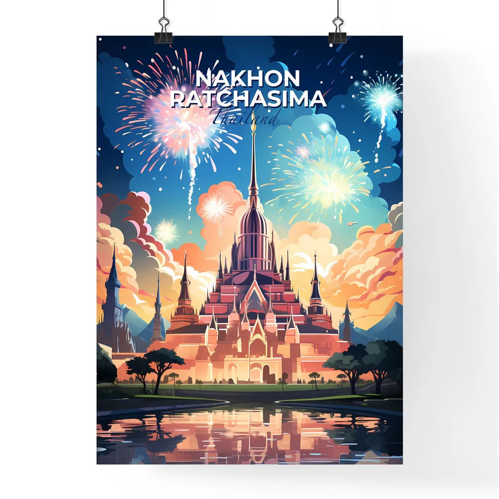 Vibrant Painting of Nakhon Ratchasima Thailand Skyline with Castle and Fireworks Celebrating Art Default Title