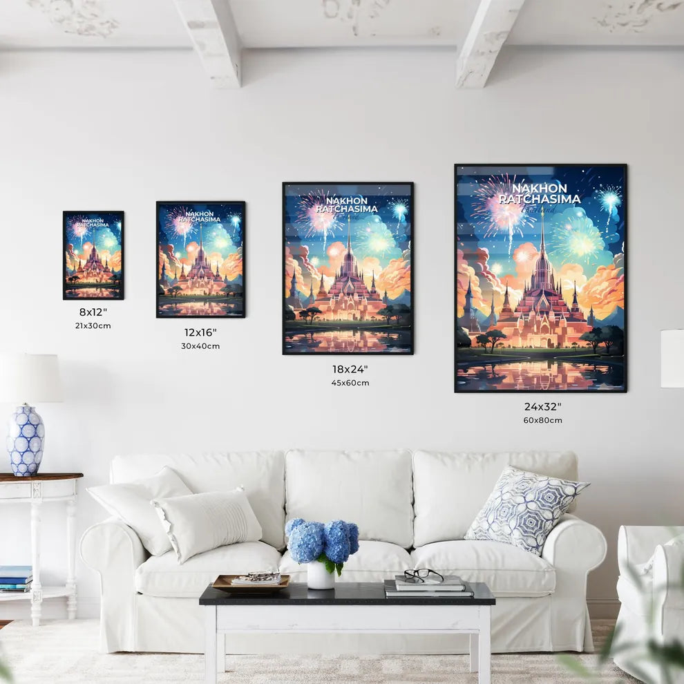 Vibrant Painting of Nakhon Ratchasima Thailand Skyline with Castle and Fireworks Celebrating Art Default Title