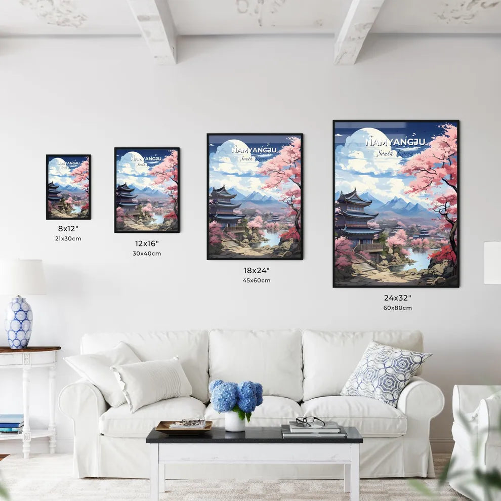 Painting of Namyangju South Korea Skyline: Pagoda by River Amidst Pink Trees Default Title