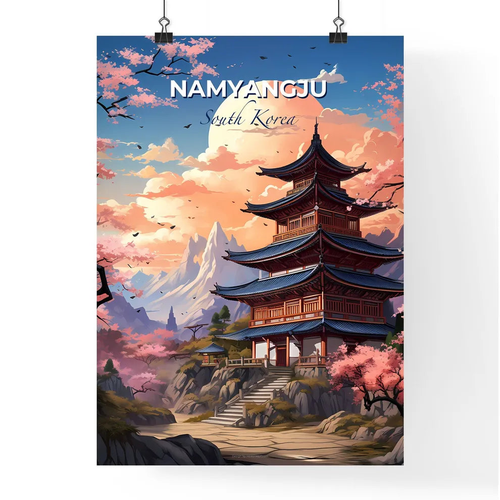 Vibrant Korean Art Painting: Namyangju Skyline, Pagoda, Pink Blossoms Default Title