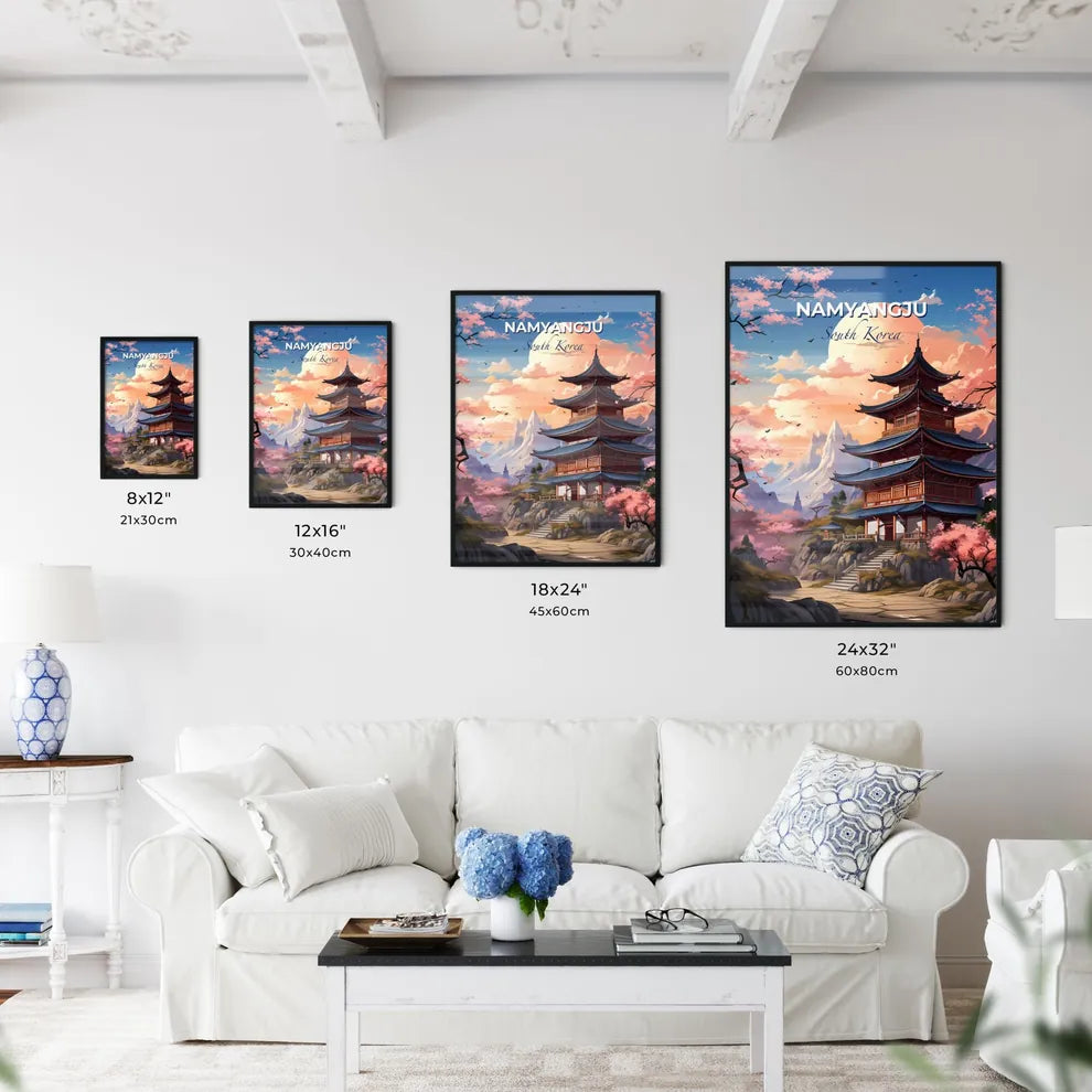Vibrant Korean Art Painting: Namyangju Skyline, Pagoda, Pink Blossoms Default Title