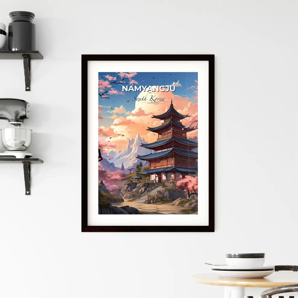 Vibrant Korean Art Painting: Namyangju Skyline, Pagoda, Pink Blossoms Default Title