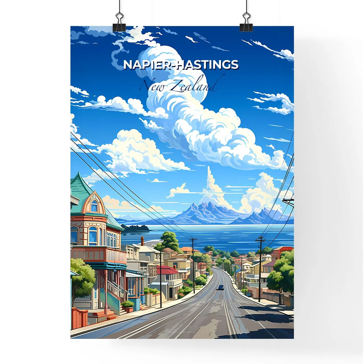 Vibrant Artistic Street Scene of Napier-Hastings Skyline with Houses, Power Lines, and Majestic Mountains Default Title