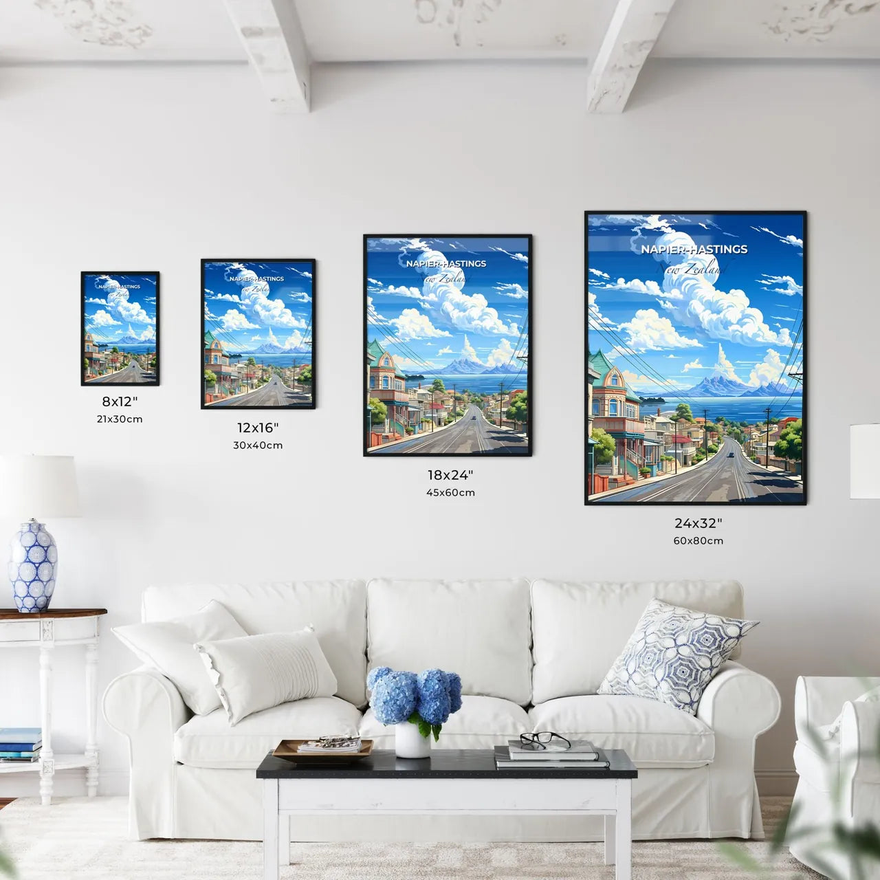 Vibrant Artistic Street Scene of Napier-Hastings Skyline with Houses, Power Lines, and Majestic Mountains Default Title