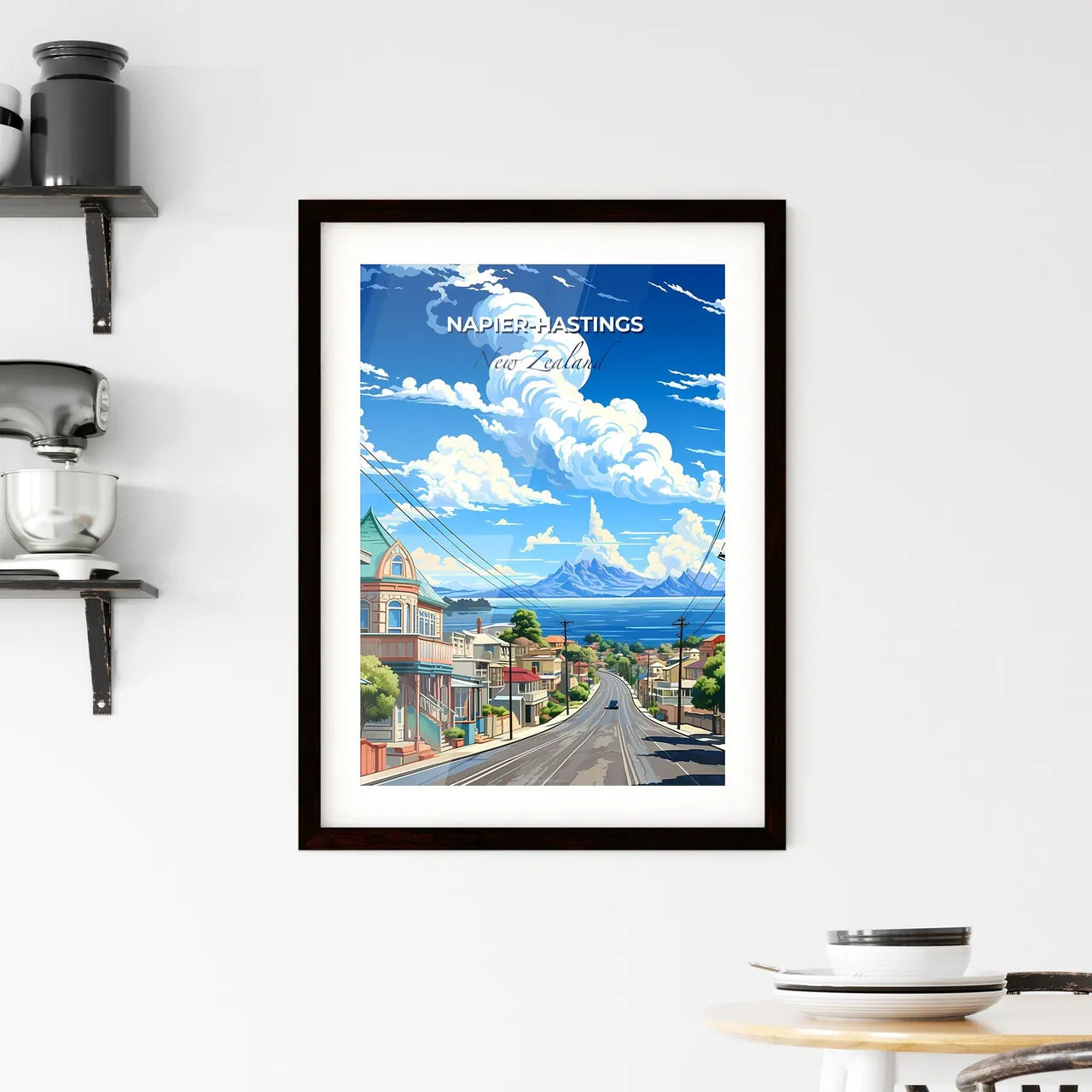 Vibrant Artistic Street Scene of Napier-Hastings Skyline with Houses, Power Lines, and Majestic Mountains Default Title