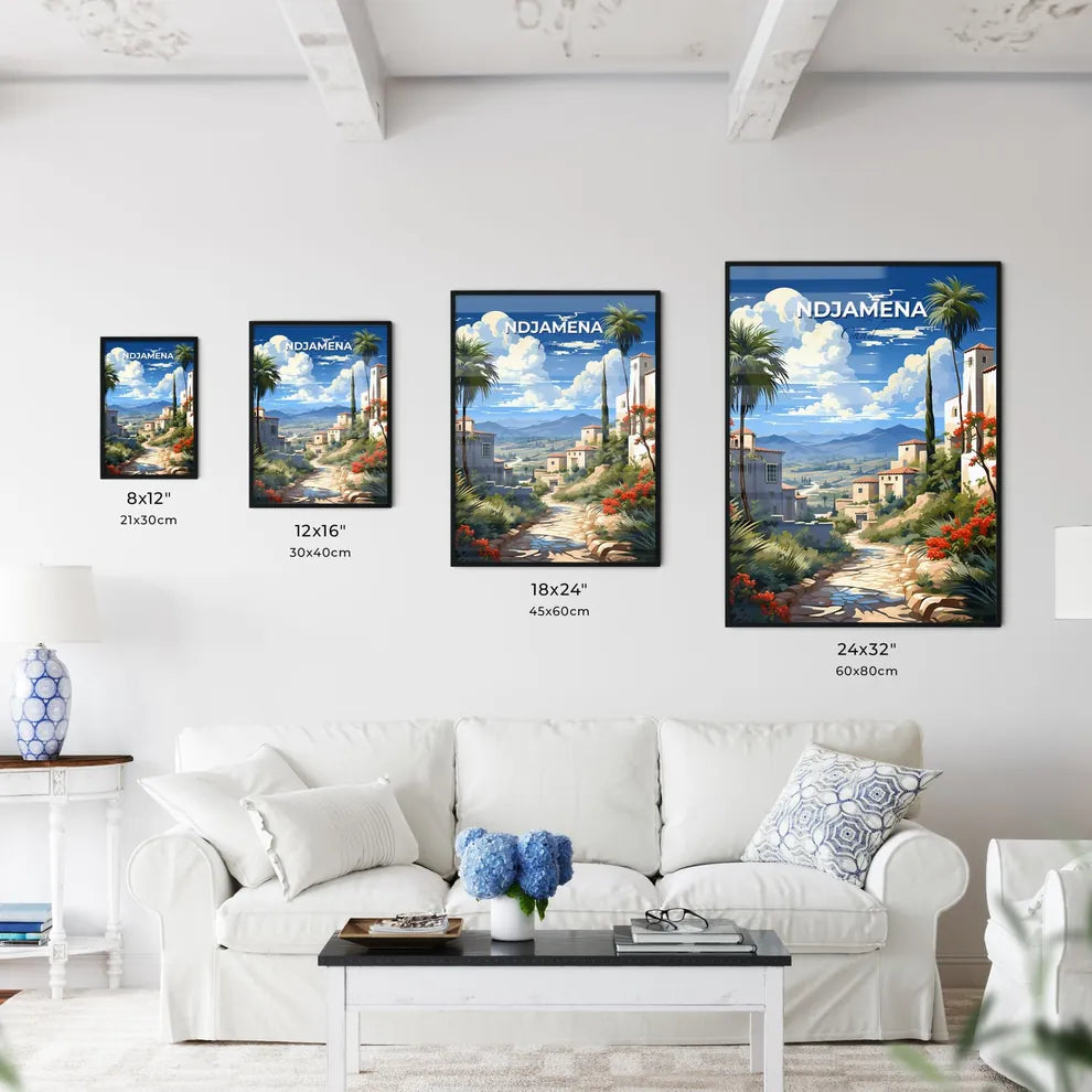 Vibrant Painting of NDjamena, Chad Skyline with Village, Trees, and Flowers, Art Focus Default Title