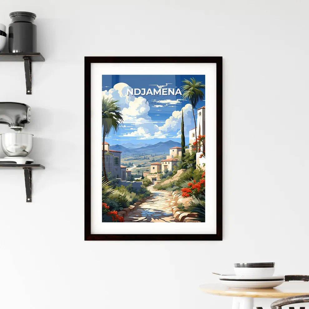 Vibrant Painting of NDjamena, Chad Skyline with Village, Trees, and Flowers, Art Focus Default Title