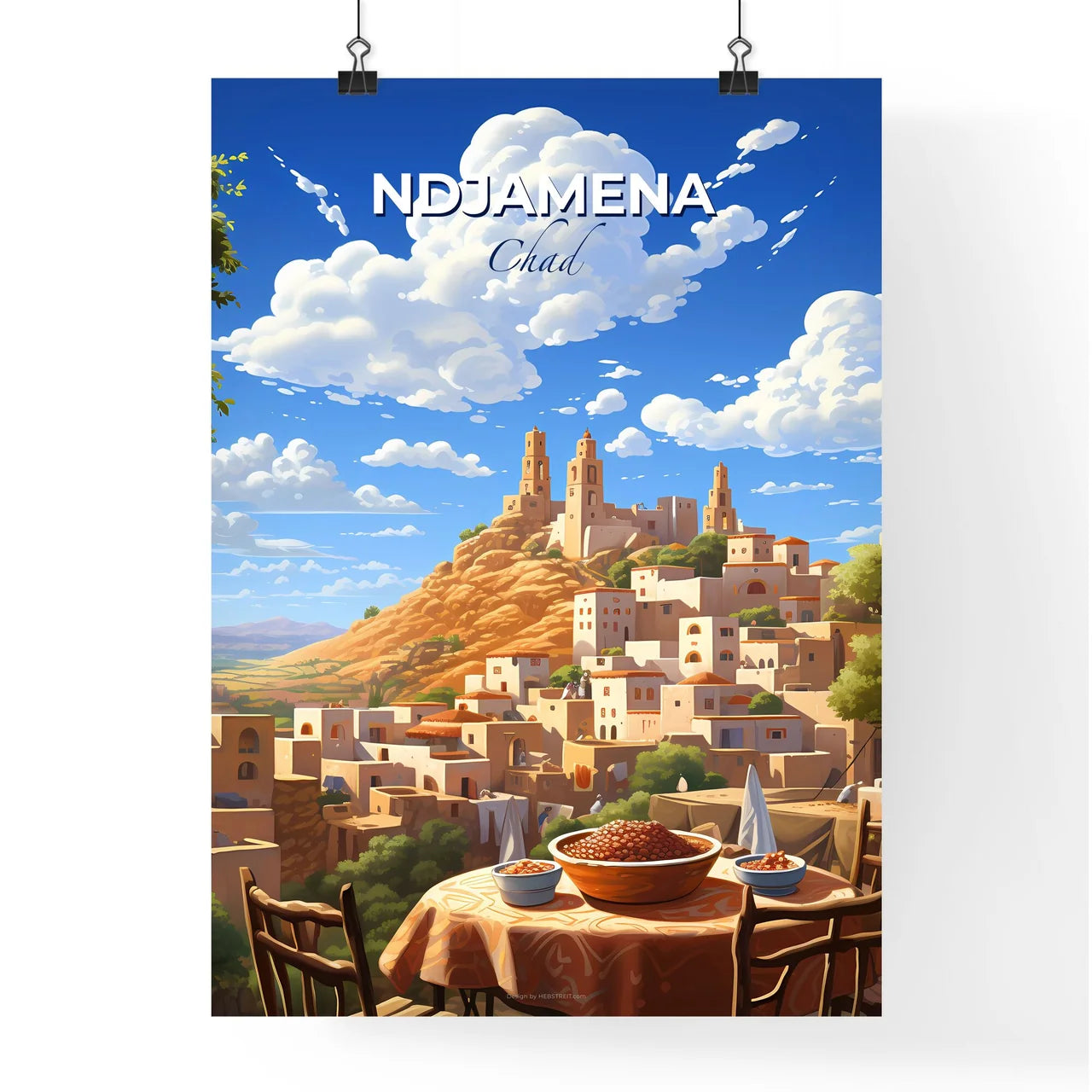 Vibrant Art Painting of N'Djamena Chad City Skyline with Food Table in the Foreground Default Title