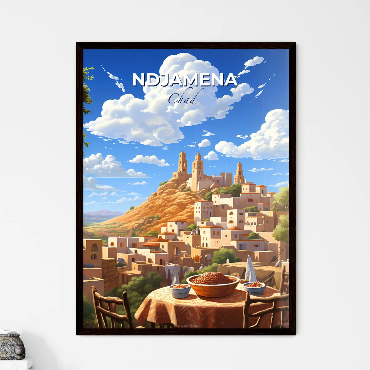 Vibrant Art Painting of N'Djamena Chad City Skyline with Food Table in the Foreground Default Title