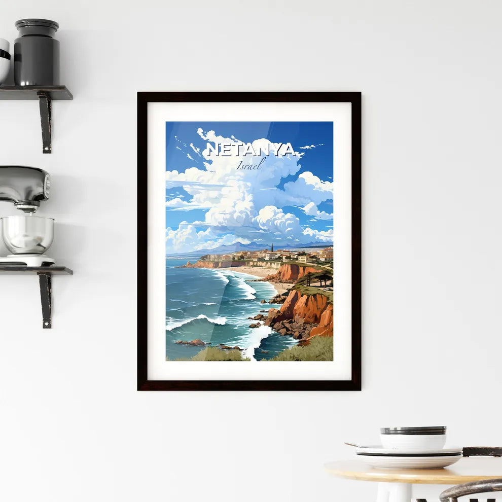 Vibrant Acrylic Painting of Netanya Israel Skyline Depicting a Picturesque Beach and Town Juxtaposition Default Title