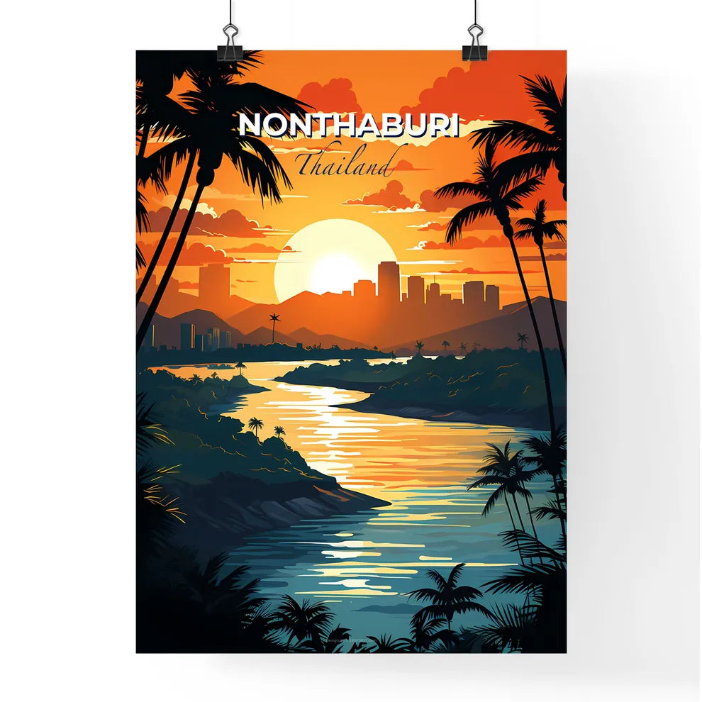 Nonthaburi Thailand Skyline Sunset River Palm Trees Contemporary Digital Art Painting Default Title