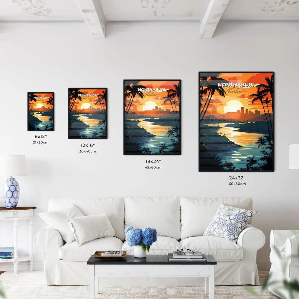 Nonthaburi Thailand Skyline Sunset River Palm Trees Contemporary Digital Art Painting Default Title