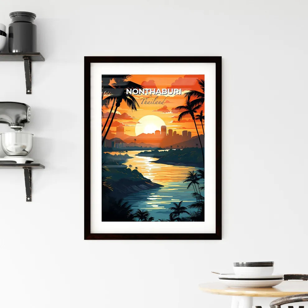 Nonthaburi Thailand Skyline Sunset River Palm Trees Contemporary Digital Art Painting Default Title