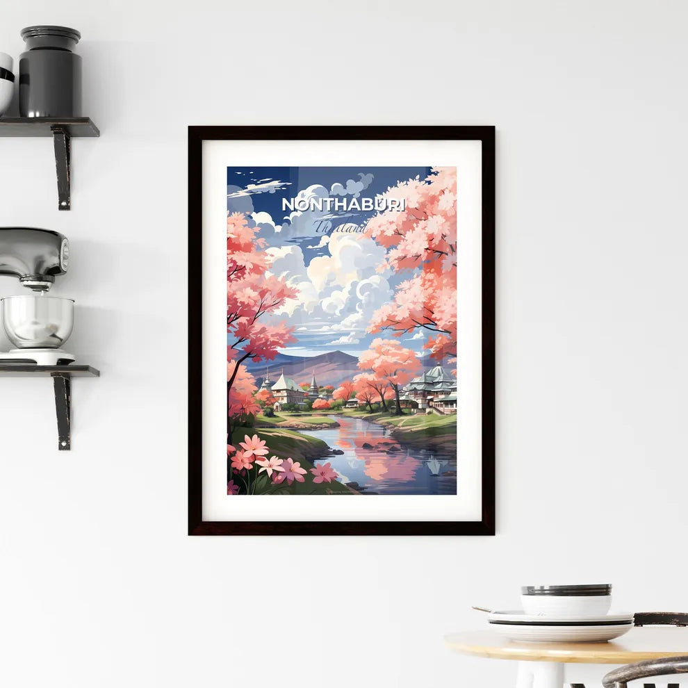 Nonthaburi City Riverfront Scene Featuring Vibrant Pink Vegetation and Buildings on Canvas This title includes keywords like: Nonthaburi, city, riverfront, skyline, pink trees, buildings, painting, art Default Title