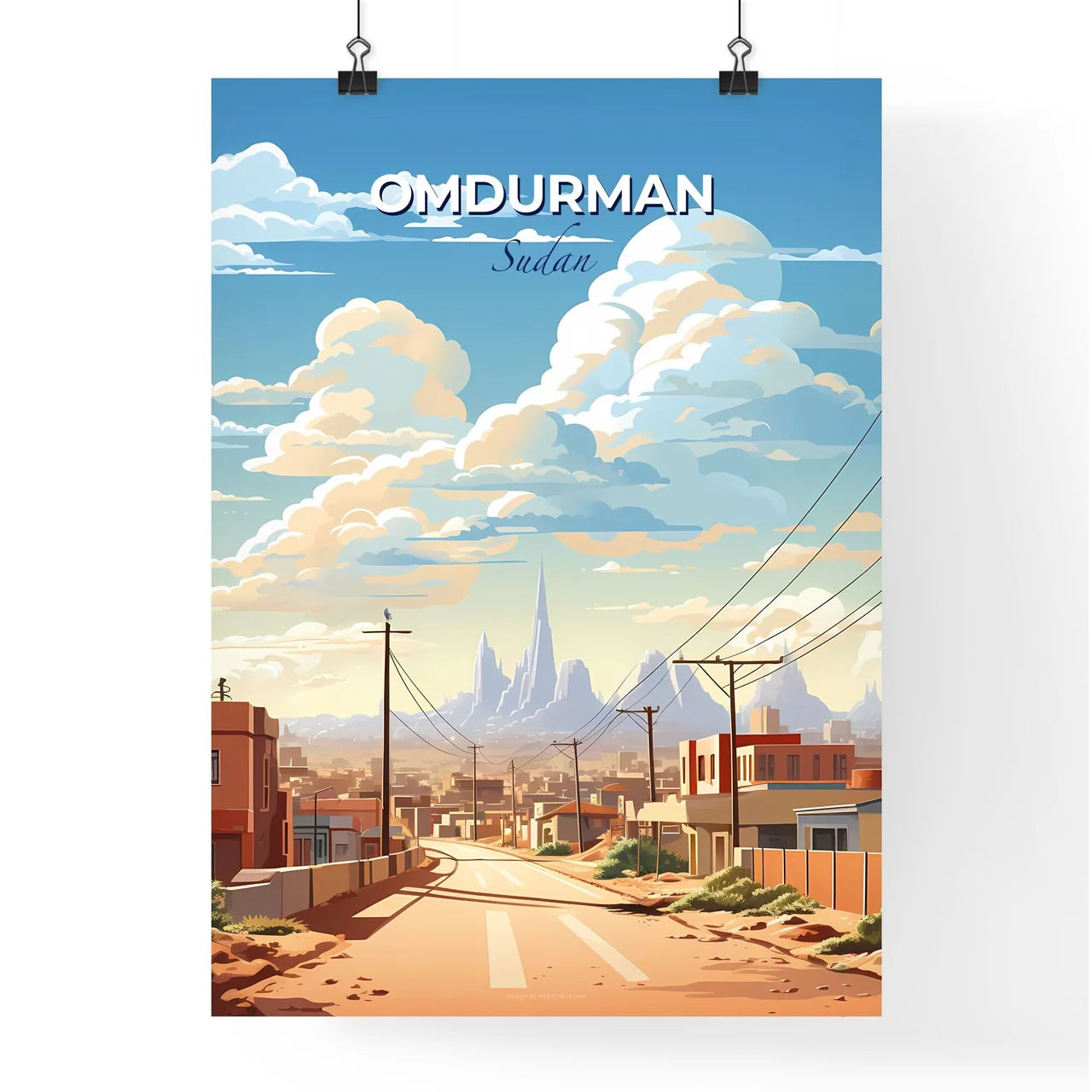 African City Art - Omdurman skyline painting with buildings, power lines and tower Default Title