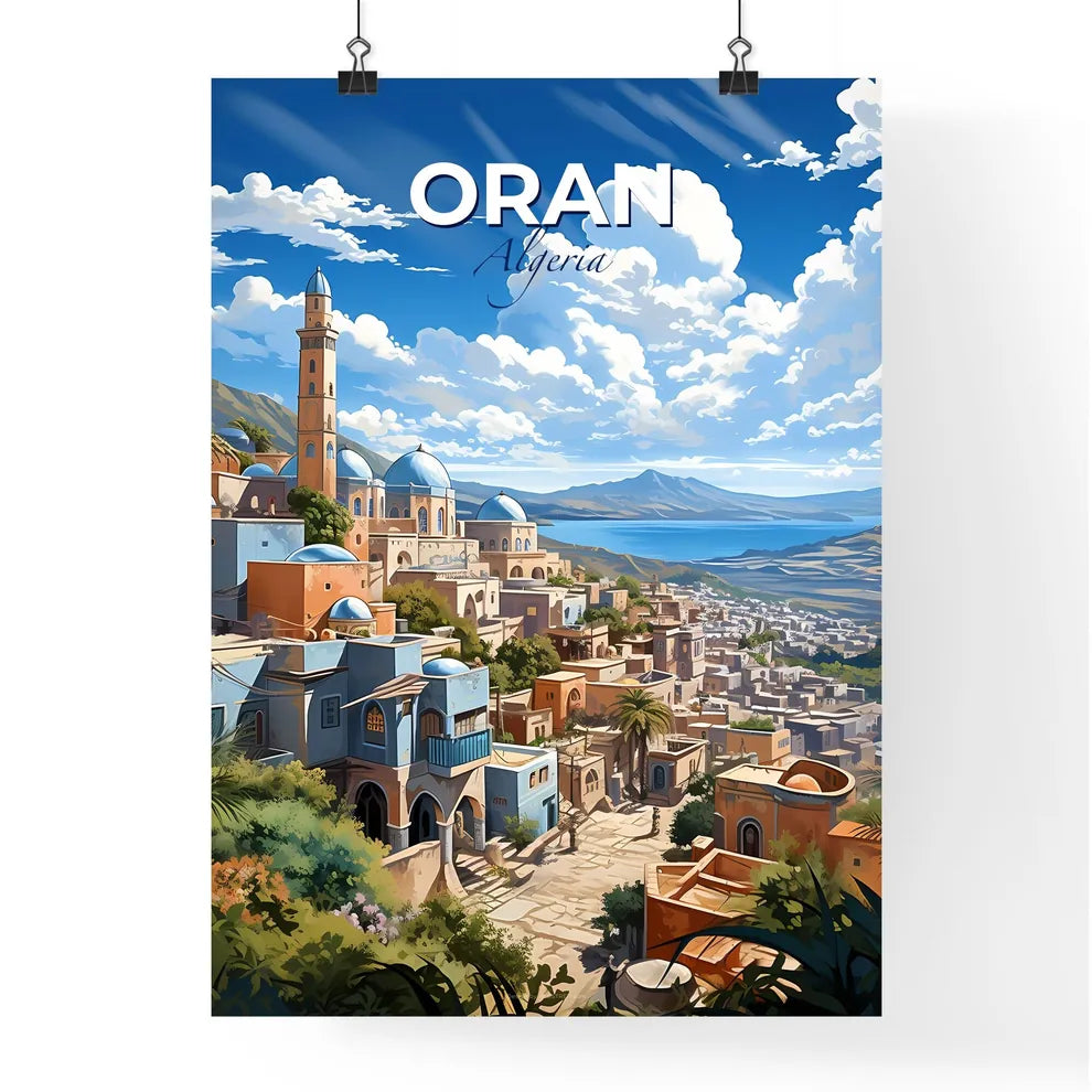 Cityscape Painting: Oran Algeria Skyline Featuring Vibrant Colors, Tower, and Mountain Default Title