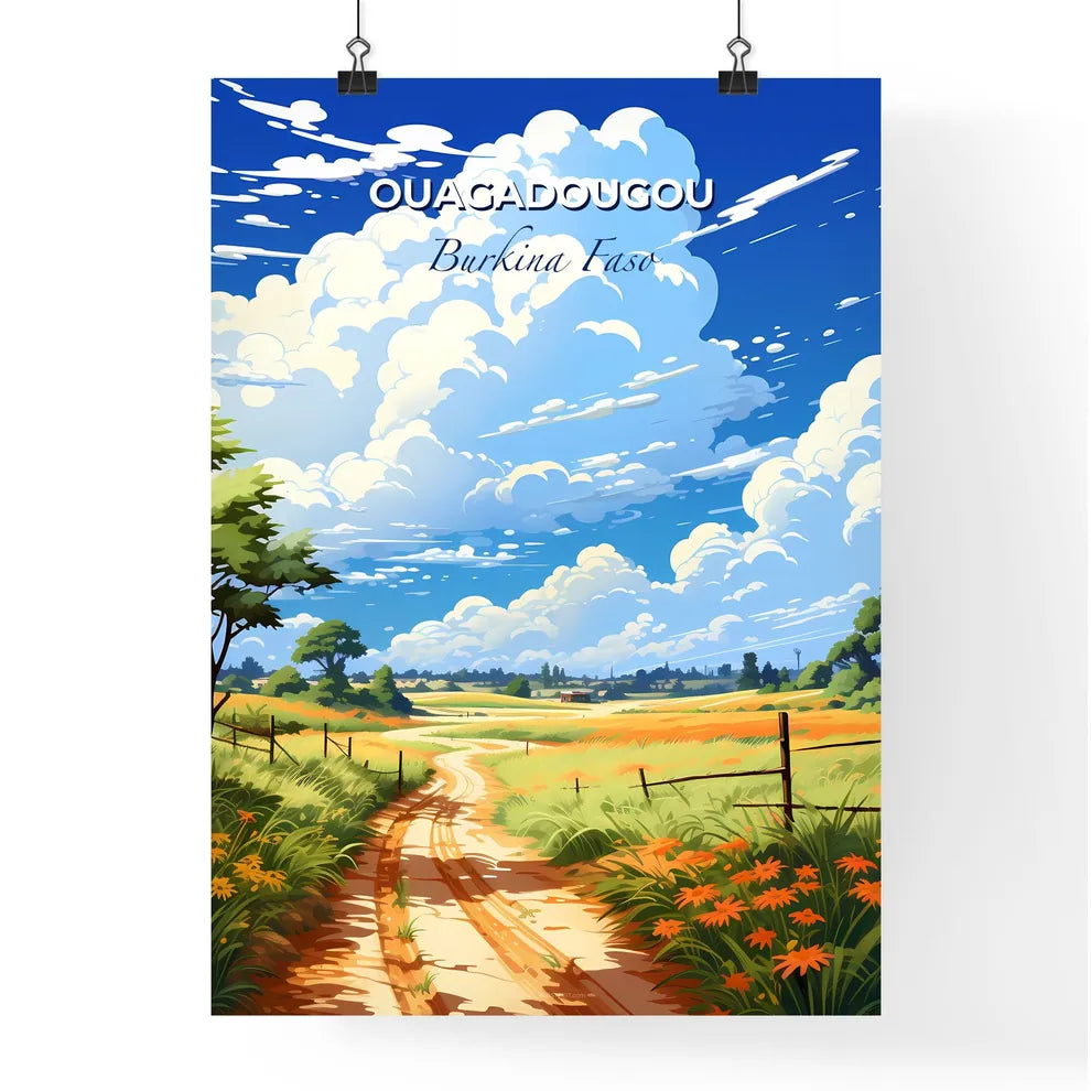 Colorful Hand-Painted Burkina Faso Landscape with Dirt Road Field Trees Flowers Default Title