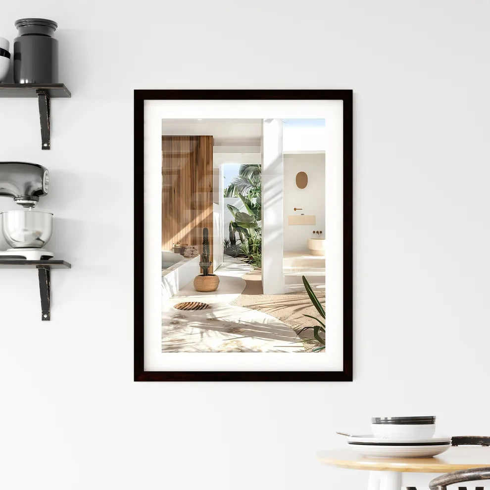 Serene outdoor garden oasis with tropical pl Framed Print