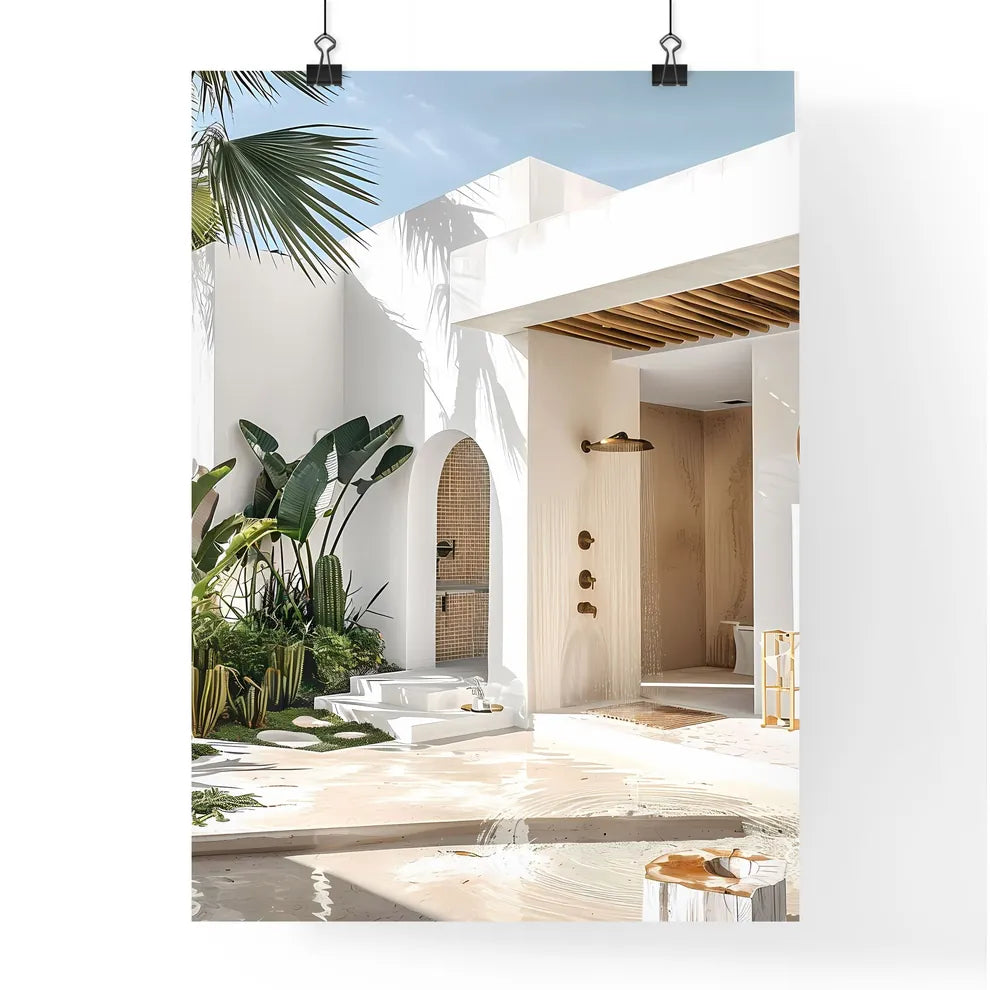 Minimalist Outdoor Garden Oasis: Tropical Plants, Cacti, Wooden Accents, White Walls, Concrete Floor, Beach House, Golden Hour Lighting, Architectural Digest Quality Poster