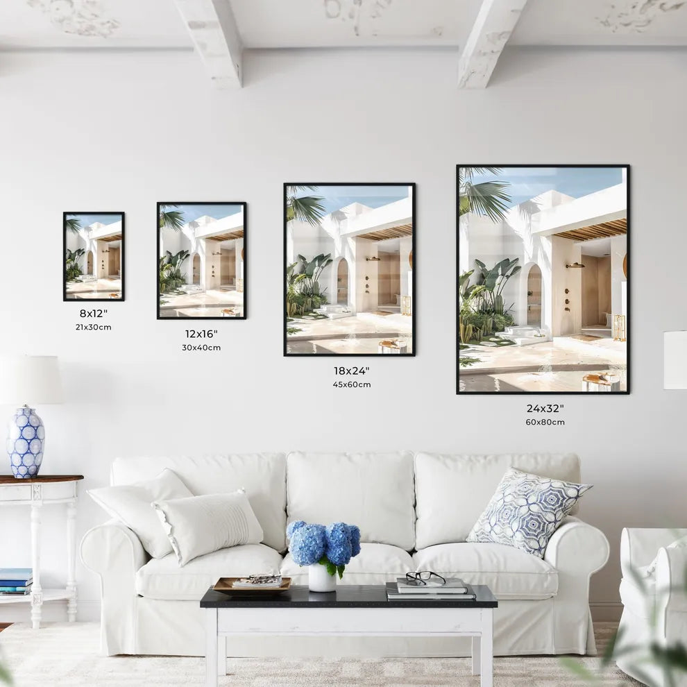 Minimalist Outdoor Garden Oasis: Tropical Plants, Cacti, Wooden Accents, White Walls, Concrete Floor, Beach House, Golden Hour Lighting, Architectural Digest Quality Size Chart