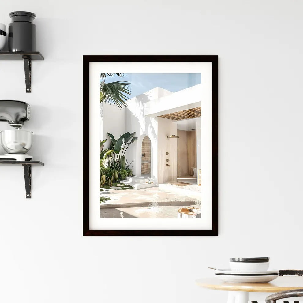 Minimalist Outdoor Garden Oasis: Tropical Plants, Cacti, Wooden Accents, White Walls, Concrete Floor, Beach House, Golden Hour Lighting, Architectural Digest Quality Custom Print