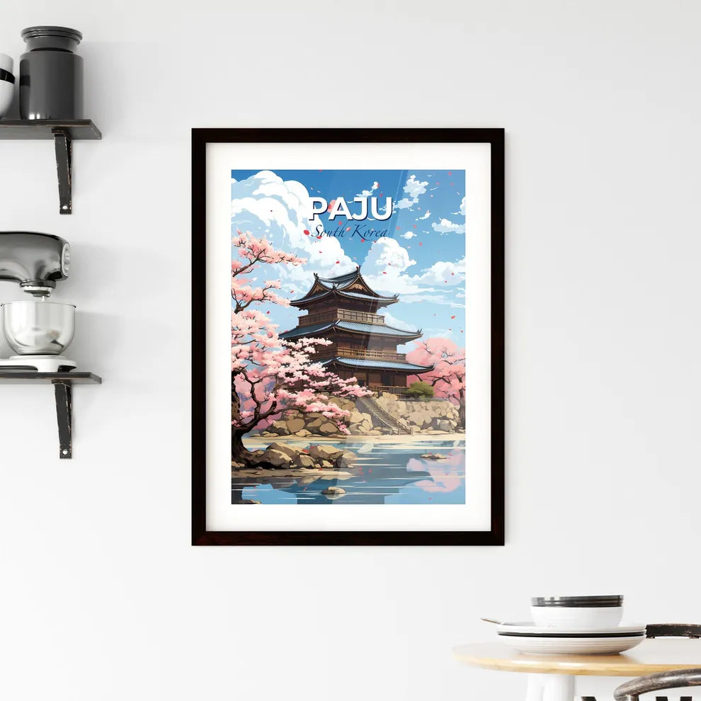 Colorful Korean Artwork of a Building on a Hill with Pink Trees and Water Default Title