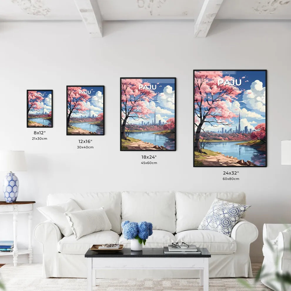 Paju South Korea Skyline Impressionistic Art Pink Trees Riverfront Painting Default Title