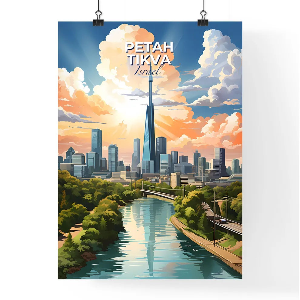 Vibrant Petah Tikva City Skyline Painting: River and Trees Panorama Default Title
