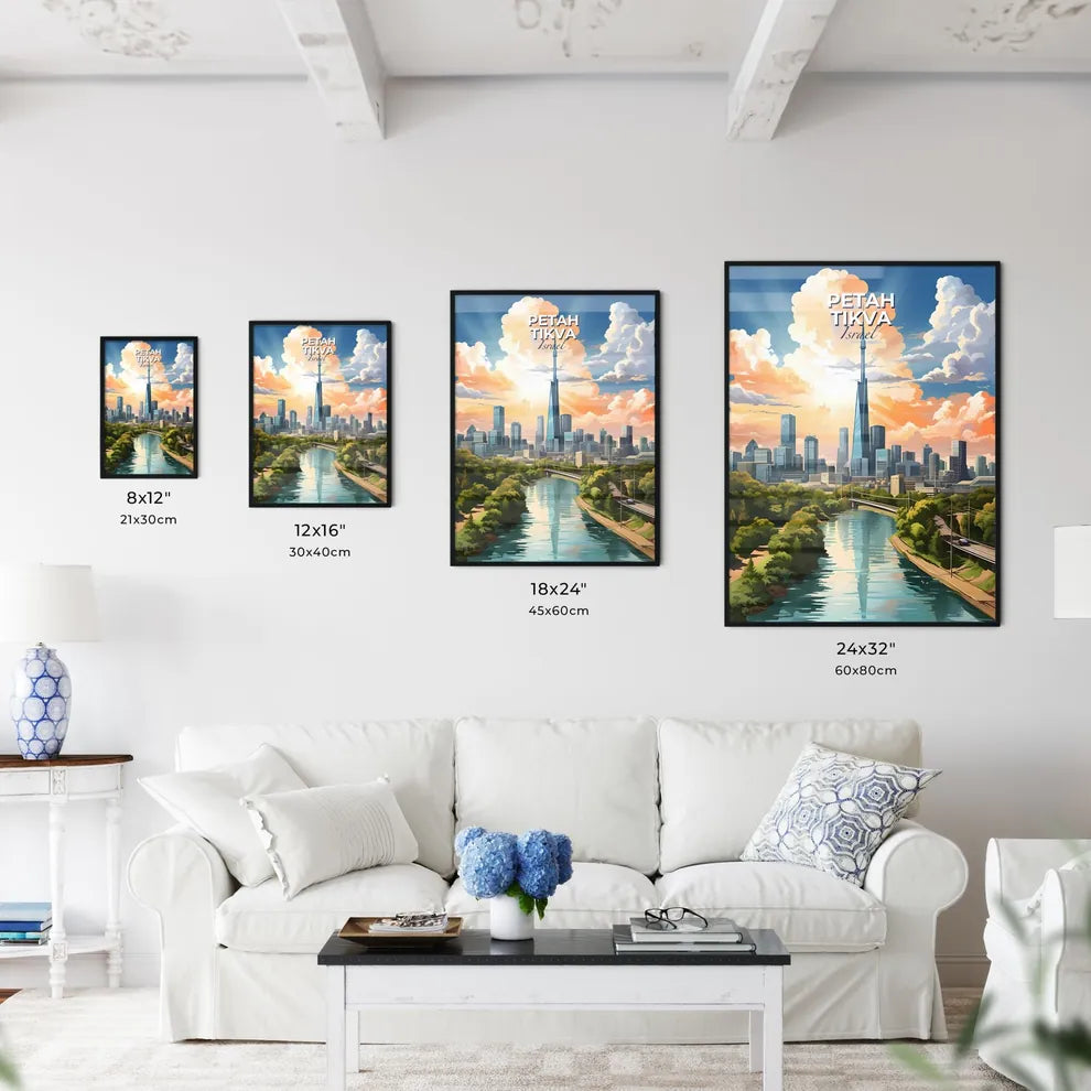 Vibrant Petah Tikva City Skyline Painting: River and Trees Panorama Default Title